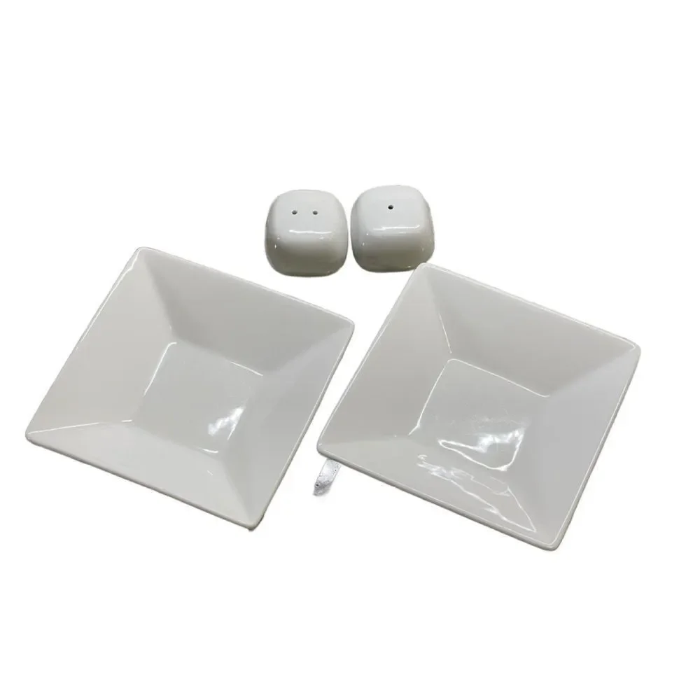 Fortressa Fortaluxe Small 5” White Ceramic Sauce Dishes & Small S&P Shakers